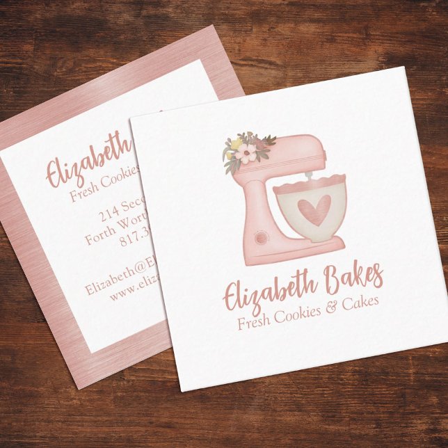 Einfache Mixer Floral Cake Bakery Business Card Quadratische Visitenkarte (A cute pink  mixer bakery business card. Personalize it with your info.)