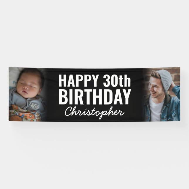 Einfache Moderne 2 Foto Script Happy Birthday Part Banner (Horizontal)