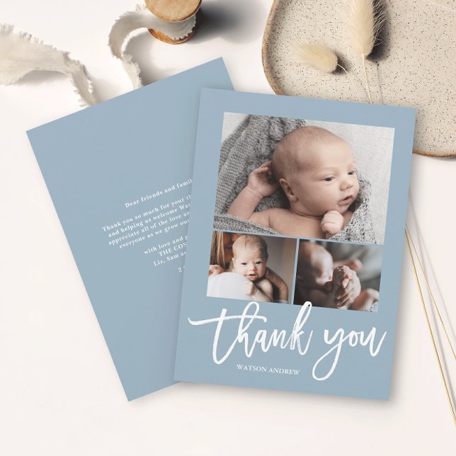 Einfache moderne 3 Foto Collage Baby Foto Dankeskarte (Simple photo collage baby thank you card with modern script in white on a dusty blue background.)