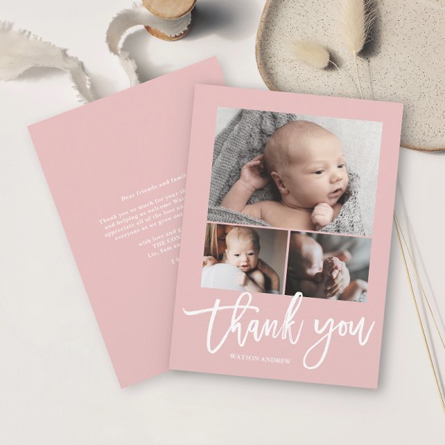 Einfache moderne 3 Foto Collage Baby Foto Dankeskarte (Simple photo collage baby thank you card with modern script in white on a pink background.)