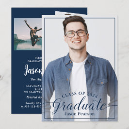 Einfache moderne 3 Foto Navy Blue Script Abschluss Einladung