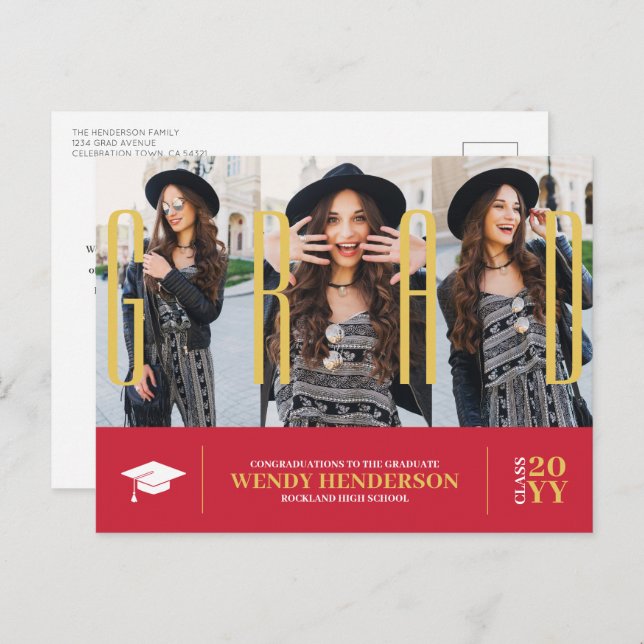 Einfache Moderne 3 Foto Roter Abschluss Ankündigun Postkarte (Vorne/Hinten)