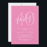 Einfache moderne 40. Geburtstagsfrauen Rosa Einladung<br><div class="desc">Dieses 40. Geburtstagsjubiläum enthält eine fette "vierzig" in einem modernen, handgeschriebenen Script-Schriftart. Klicken Sie auf die Schaltfläche Anpassen, um den Text flexibler zu gestalten! Variationen dieses Designs, zusätzliche Farben sowie koordinierende Produkte sind in unserem Shop, zazzle.com/store/doodlelulu verfügbar. Kontaktieren Sie uns, wenn Sie dieses Design für ein bestimmtes Produkt verwenden möchten,...</div>