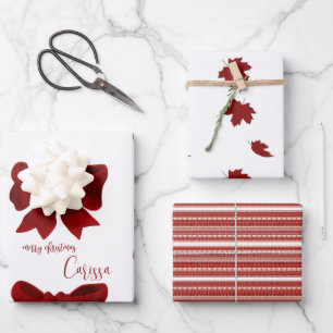 Einfache moderne Ahorn-Blätter Red Christmas Bow Geschenkpapier Set