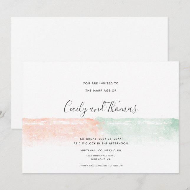 Einfache, moderne Aprikose und grüne Aquarelltasch Einladung (Vorne/Hinten)