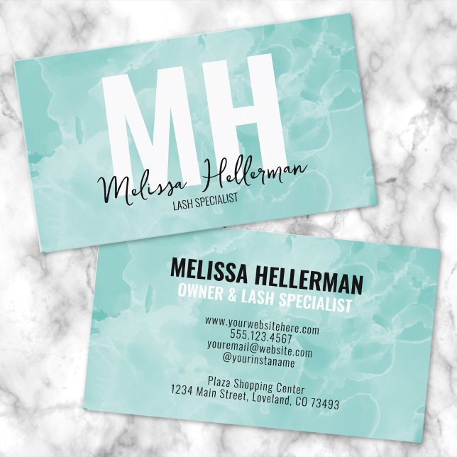Einfache, moderne Aquamarine Monogramm Visitenkarte (Simple Modern Watercolor Teal Monogram Business Card)