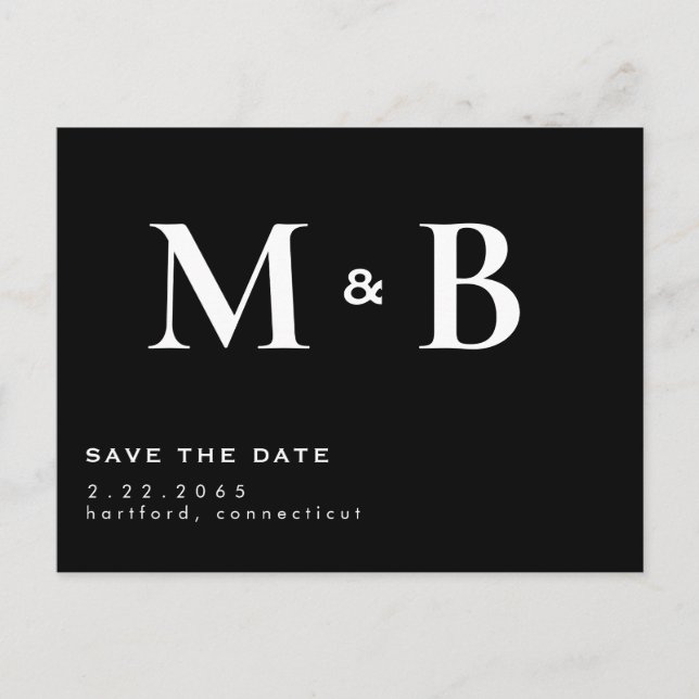 Einfache moderne B/W-Monogramm Save the Date Postkarte (Vorderseite)