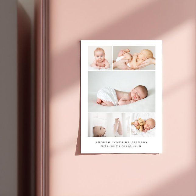 Einfache moderne Baby Foto Collage Geburtsstaten Magneteinladung (Simple Modern Baby Photo Collage Birth Stats Magnetic Invitation)