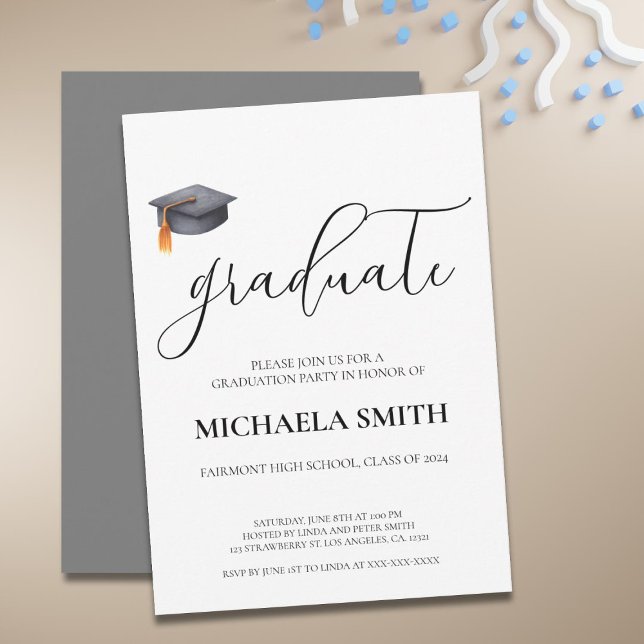 Einfache moderne Black High School Graduation Part Einladung (Simple Modern Black Cap Graduation Party Invitation)