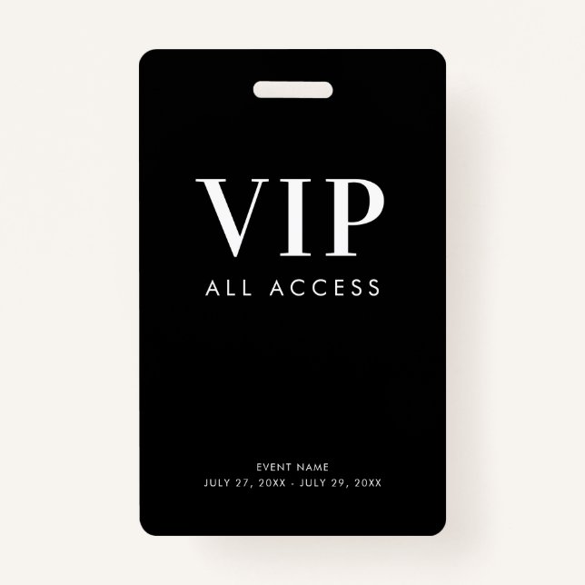 Einfache, moderne Black VIP All Access Pass Verans Ausweis (Vorderseite)