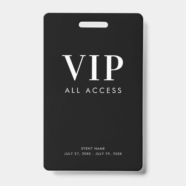 Einfache, moderne Black VIP All Access Pass Verans Ausweis (Vorderseite)