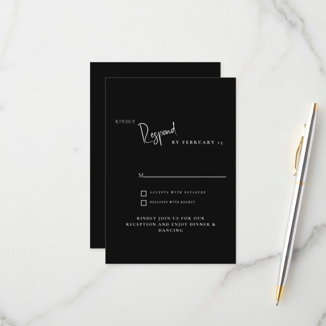 Einfache moderne Black Wedding RSVP Karte (Vorderseite/Rückseite Beispiel)