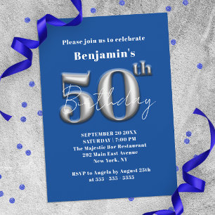 Einfache Moderne Blau und Silber 50. Geburtstag Einladung