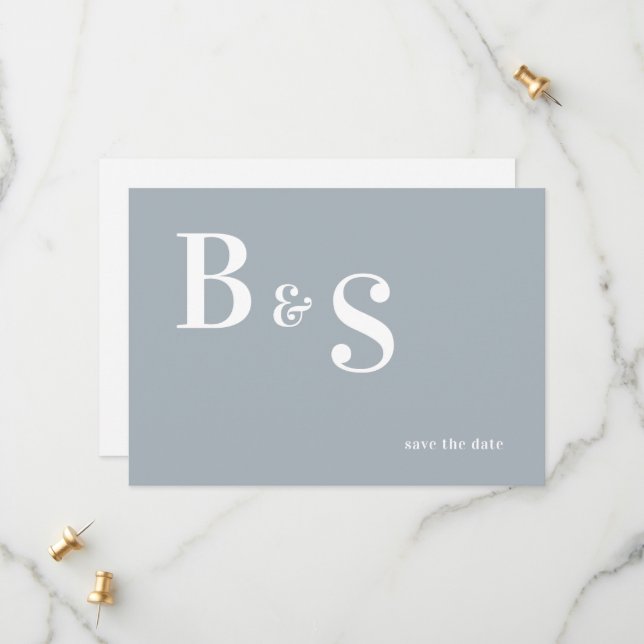 Einfache, moderne, blaue Monogramm QR Save the Dat Date (Vorderseite/Rückseite Beispiel)