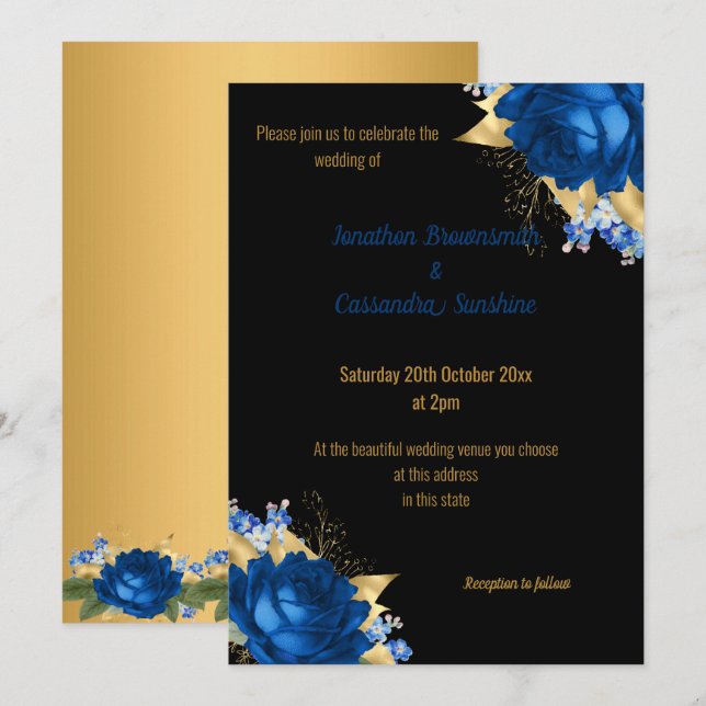 EINFACHE MODERNE BLUE FLORAL GOLD BLACK WEDD EINLADUNG (Vorne/Hinten)