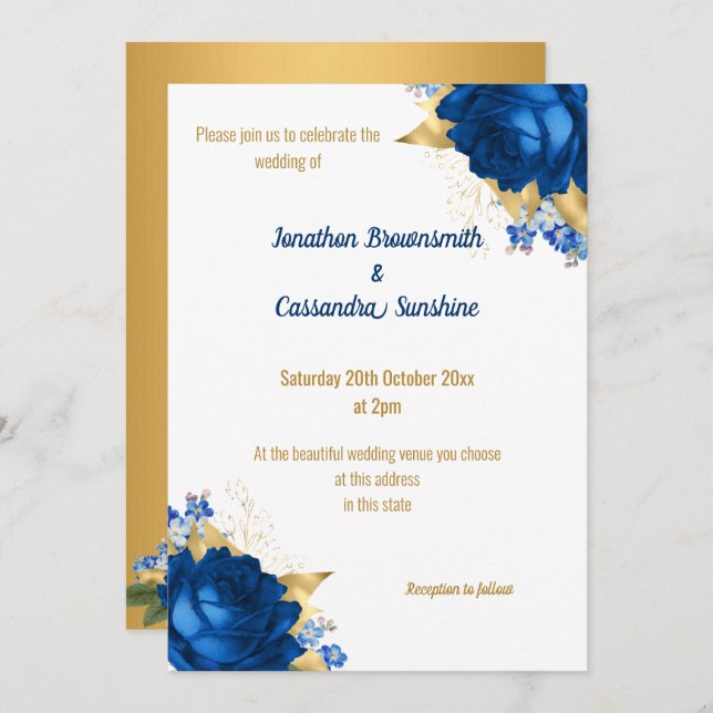 EINFACHE MODERNE BLUE FLORAL GOLD WHITE WEDD EINLADUNG (Vorne/Hinten)