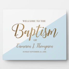 Einfache moderne Blue-Gold-Kalligrafie-Baby-Taufe Fotoplatte