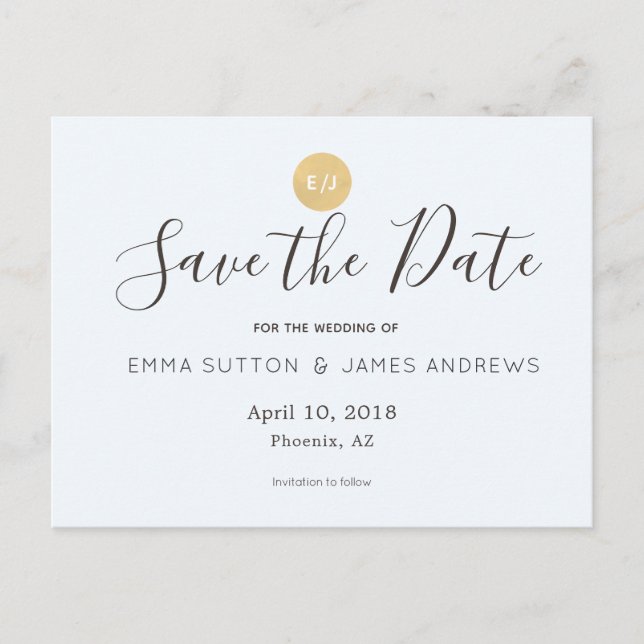 Einfache moderne Blue Gold Save the Date Postkarte (Vorderseite)