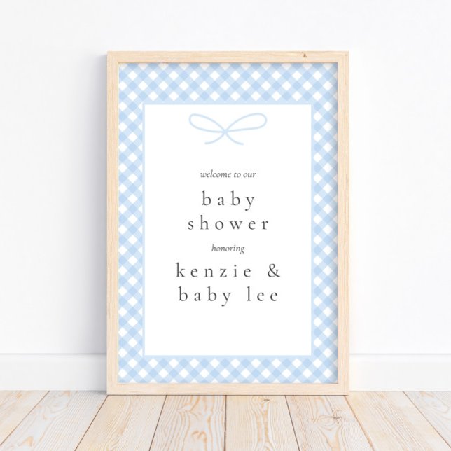 Einfache moderne Blue Kariert Bow Baby Dusche Herz Poster (Von Creator hochgeladen)