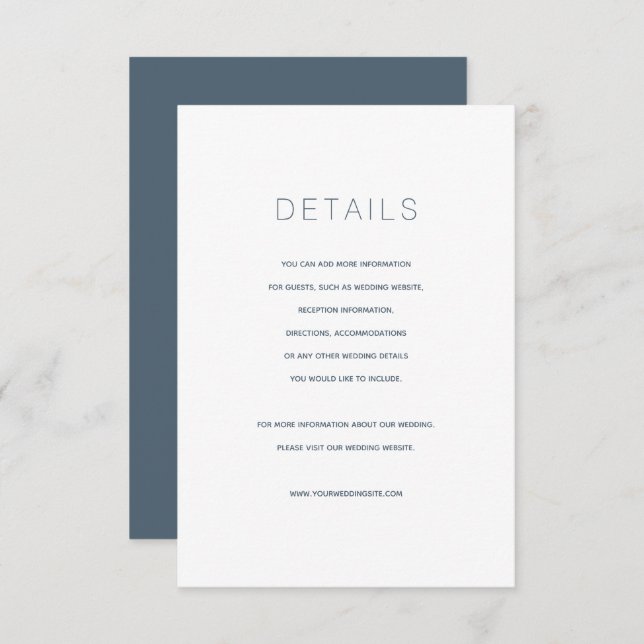 Einfache moderne Blue Wedding Details Card Begleitkarte (Vorne/Hinten)