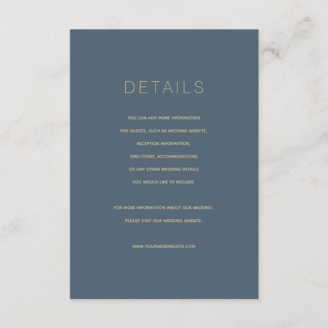 Einfache moderne Blue Wedding Details Card Begleitkarte (Vorderseite)