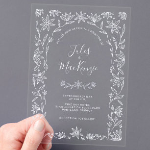 Einfache, moderne Blumenstrasse Weiße Hochzeit Acryleinladungen