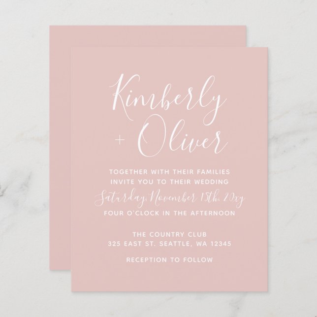 Einfache, moderne Blush Hochzeitseinladung (Vorne/Hinten)