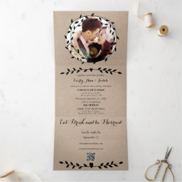 Einfache moderne Boho Black Leaf Wreath Wedding Dreifach Gefaltete Einladung