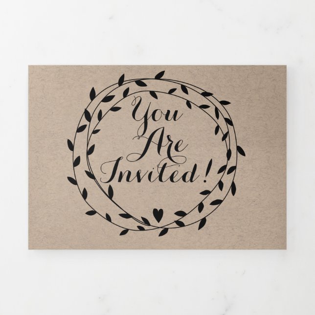 Einfache moderne Boho Black Leaf Wreath Wedding Dreifach Gefaltete Einladung (Cover)