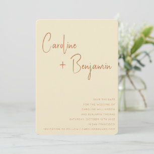Einfache moderne Boho Terracotta Creme Script Wedd Save The Date