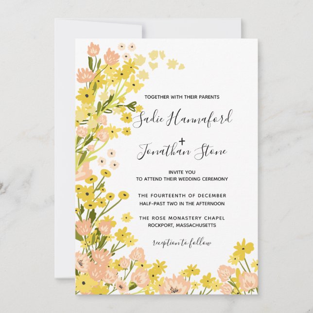Einfache moderne Boho Yellow Pink Floral Wedding Einladung (Vorderseite)