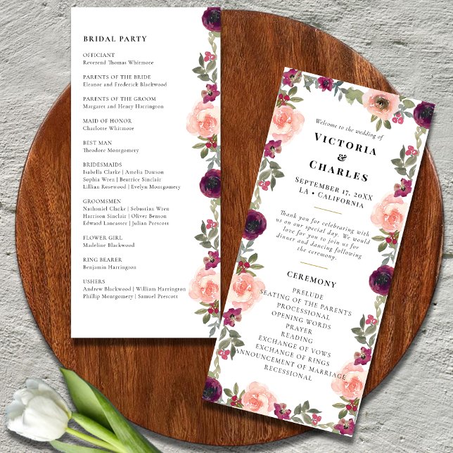 Einfache moderne Burgunder Wasserfarbenhochzeit Programm (Von Creator hochgeladen)