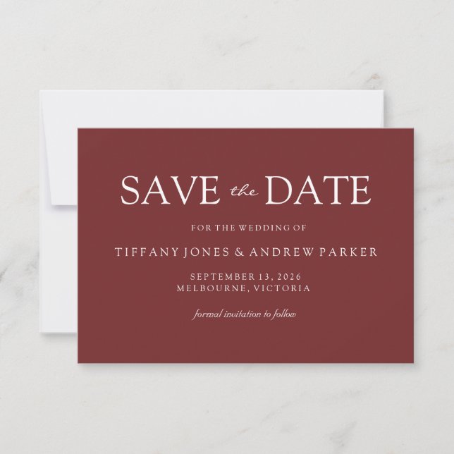 Einfache moderne Burgundy Red Wedding Speichern Si Save The Date (Vorderseite)