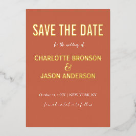 Einfache moderne Burnt Orange Save the Date Gold Folieneinladung