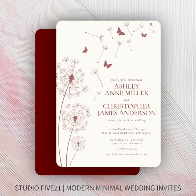Einfache moderne Crimson Red Dandelion Wedding Einladung (Von Creator hochgeladen)