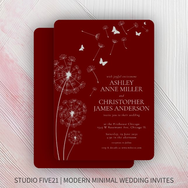 Einfache moderne Crimson Red Dandelion Wedding Einladung (Von Creator hochgeladen)