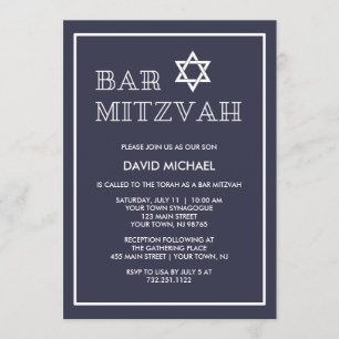 Einfache moderne dunkelblaue und weiße Bar Mitzvah Einladung