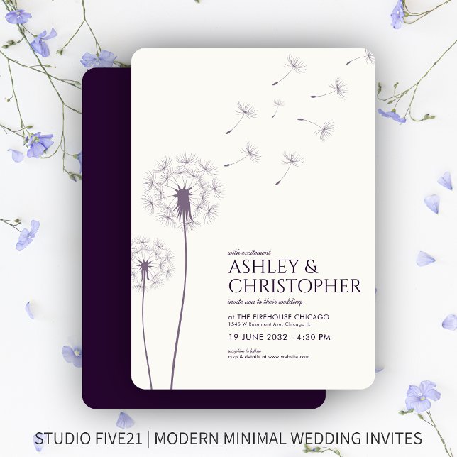 Einfache moderne dunkle Lila Löwenzahn-Hochzeit Einladung (Von Creator hochgeladen)