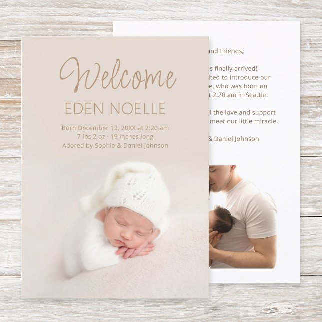 Einfache moderne Elegant Brown Script Baby Girl Bi Ankündigung (Modern, elegant, brown script 2 photo newborn birth announcement flat card. Simple baby photo card.)