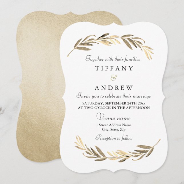 Einfache moderne Elegant Gold Leaf Hochzeit Einladung (Vorne/Hinten)