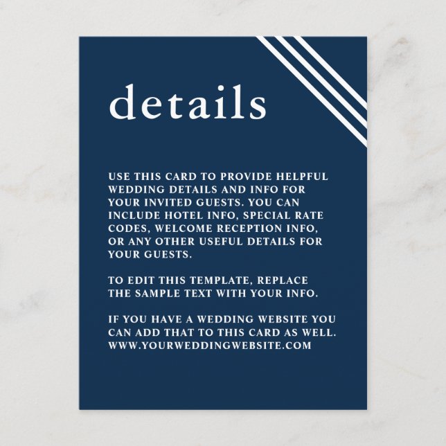 Einfache, moderne Elegant Navy Blue Wedding Detail Begleitkarte (Vorderseite)