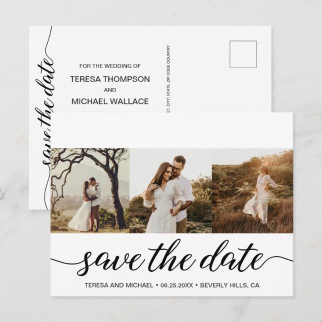 Einfache moderne Fotos Save the Date SkriptWedding Postkarte (Vorne/Hinten)