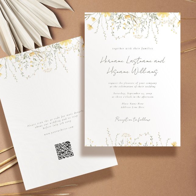 Einfache moderne, gelbe Wildblume QR UAWG Wedding Einladung (Von Creator hochgeladen)