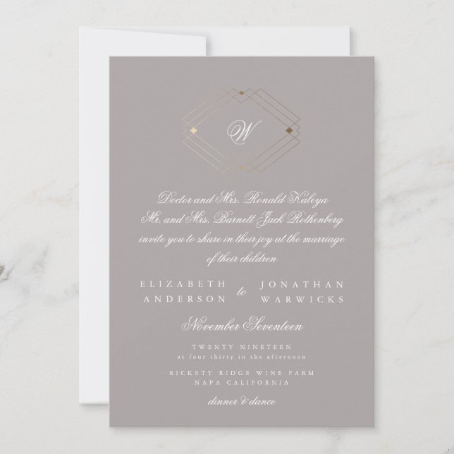 Einfache moderne geometrische Goldtaupe Gray Weddi Einladung (Vorderseite)