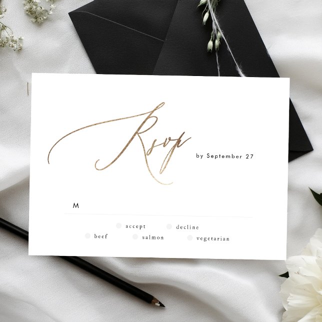 Einfache moderne Gold Calligraphy Wedding RSVP Car Karte (Von Creator hochgeladen)