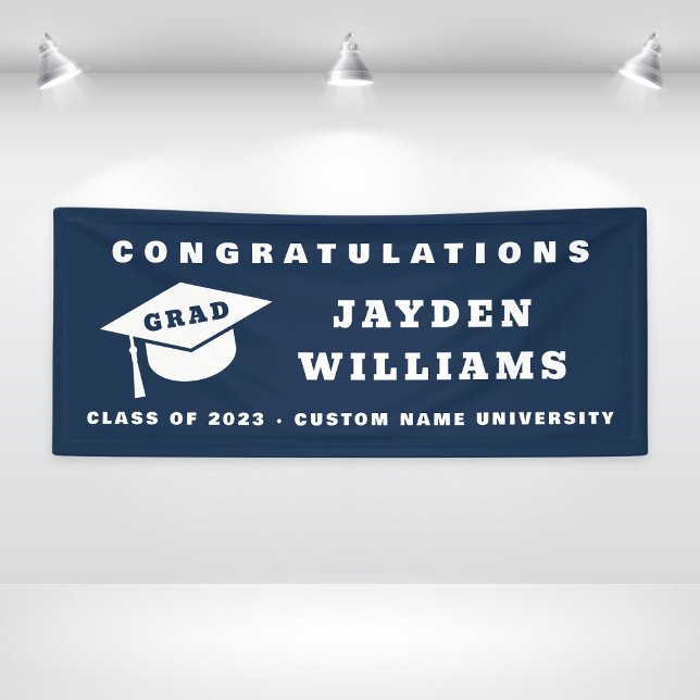 Einfache moderne Grad Cap Navy Blue Graduation Par Banner (Simple Modern Grad Cap Navy Blue Graduation Party Banner
)