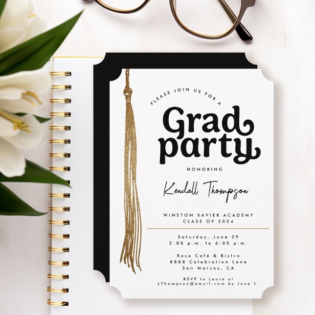 Einfache moderne Graduierungspartei Einladung (Grad party gold, black and white simple and elegant invite)