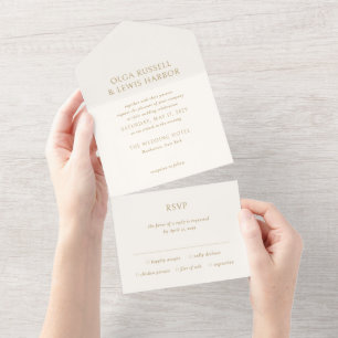 Einfache moderne Hochzeit in Elfenbein und Gold All In One Einladung