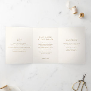 Einfache moderne Hochzeit in Elfenbein und Gold Dreifach Gefaltete Einladung