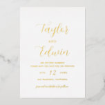 Einfache moderne Hochzeit rettet das Datum Gold Folieneinladung<br><div class="desc">Zeitgenössische Goldfolienhochzeit Save The Date mit einem einfachen und minimalistischen Layout mit Ihren Namen in einem eleganten Kalligraphieskript und Ihren Hochzeitsdetails unten in einem modernen Format. Eine Nicht-Foto-Option für ein Paar,  das Save the Date ohne Bilder will.</div>